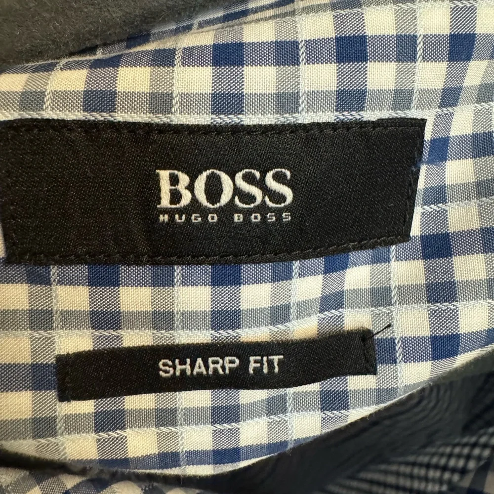 HUGO BOSS Blue & White Check Sharp Shirt 18 34/35 Cotton Like New Wedding EUC